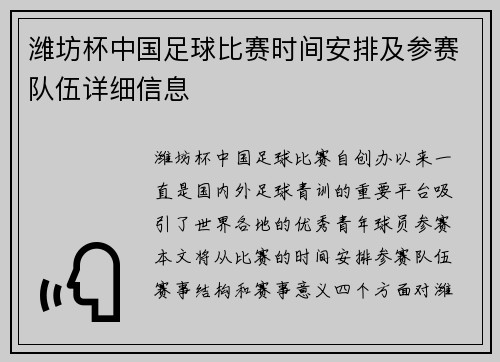 潍坊杯中国足球比赛时间安排及参赛队伍详细信息