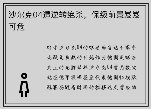 沙尔克04遭逆转绝杀，保级前景岌岌可危
